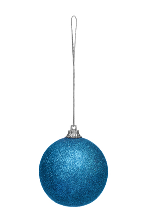 Hanging blue christmas ball isolated on white backgroundの写真素材