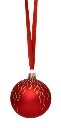 Hanging red christmas ball isolated on white backgroundの写真素材