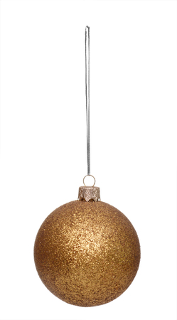 Hanging gold christmas ball isolated on white backgroundの写真素材
