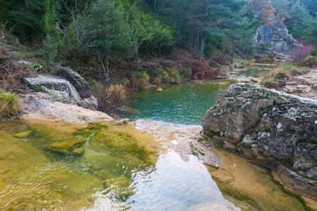 Mountain river in the autumn forest. The concept of active and ecological tourismの写真素材