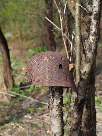 Wehrmacht rusty helmet with bullet holes. WWIIのeditorial素材