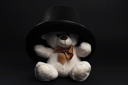 Teddy bear with big black hat on dark background