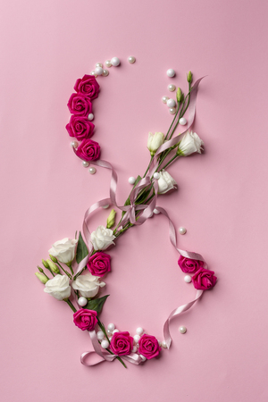 Number eight with white and pink rose, pearl and ribbonの写真素材