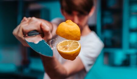 Slicing fresh juicy lemon, levitationの写真素材
