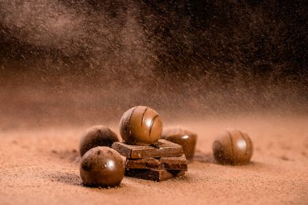 chocolate bars and pralines with sprinkle cocoa powderの写真素材