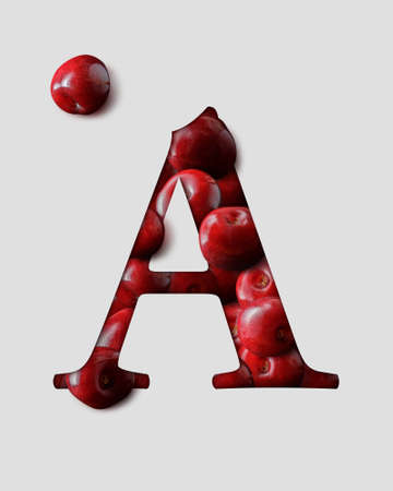 Letter A from english alphabet created from cherries. 3D cherry letter with shadow behind a light gray paper.の写真素材