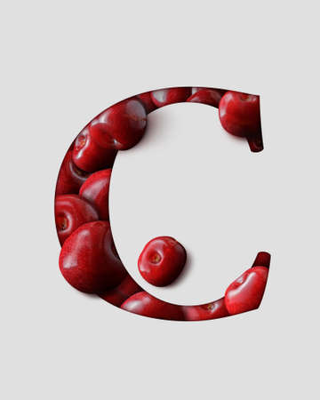 Letter C from english alphabet created from cherries. 3D cherry letter with shadow behind a light gray paper.の写真素材