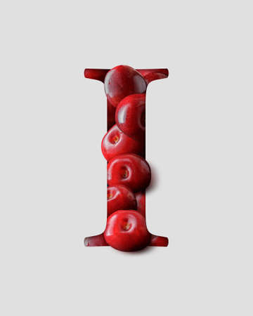 Letter I from english alphabet created from cherries. 3D cherry letter with shadow behind a light gray paper.の写真素材