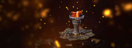 Hot coal in the shishas bowl with spectacular sparkles. Rustic old hookah