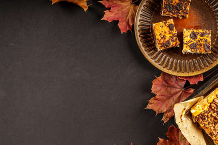 Delicious pumpkin cake with cheese cream and cacao or chocolate on the top on the black background with copy spaceの写真素材