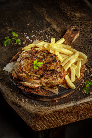 Grill house concept. Grilled, roasted, fried tasty pork meat with french fries on the old wooden cutting board.の写真素材