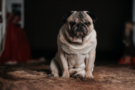 Adorable sleepy pug dog sitting on bear fur carpet and trying to sleepの写真素材