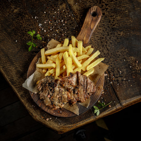Grill house concept. Grilled, roasted, fried tasty pork meat with french fries on the old wooden cutting board.の写真素材