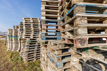 A group of old, used wooden euro pallets.