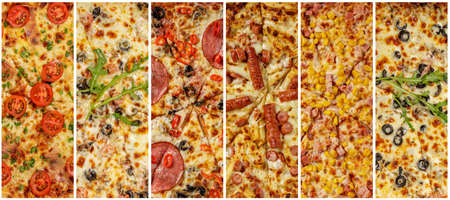 Close-up of different types of pizza. Fresh baked italian pizza with deliciouse toppings like tomato and salami, sausage or grilled chickenの写真素材