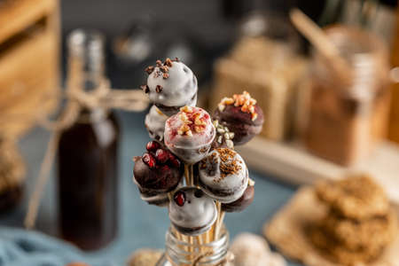 Candy bar concept with zero sugar sweets. Delicious homemade and healthy truffles, biscuits and cookies.の写真素材