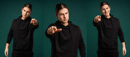 Set of young man portraits with diferent emotions and gesturesの写真素材
