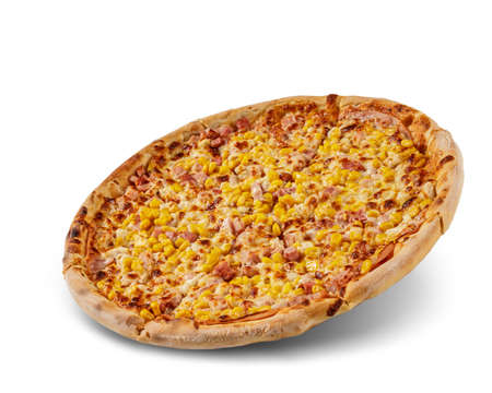 Pizza with cheese and tomato sauce isolated on white background. ham, maize and chicken topping.の写真素材