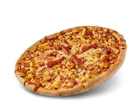 Pizza with cheese and tomato sauce isolated on white background. Deliciouse sausage topping.の写真素材