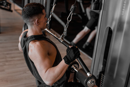 young Bodybuilder and Personal Trainer Working Out in a Modern, Well-Equipped Gymの写真素材