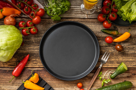 Black plate on wooden rustic table with vegetablesの写真素材