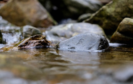 Close up of a stone in a stream with some rocks in the background Beautiful landscape in an evening...