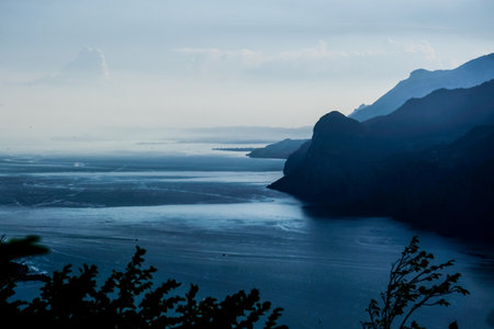 view of the fjord in Norway from the top of the mountain Beautiful landscape in an evening mood by the water in the sunshine.の写真素材