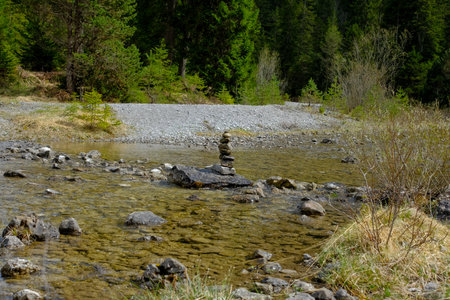 Mountain stream with stones in the forest. ABeautiful landscape in an evening mood by the water in the sunshine.の写真素材