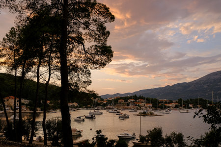 View of the Bay of Kotor at sunset, Montenegro. Beautiful landscape in an evening mood by the water in the sunshine.の写真素材