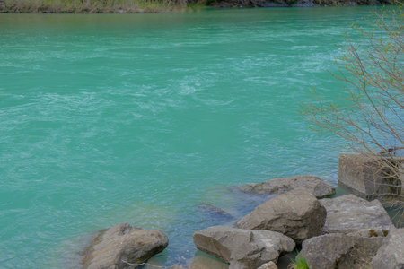 landscape of turquoise water in the forest on a sunny day Beautiful landscape in an evening mood by the water in the sunshine.の写真素材