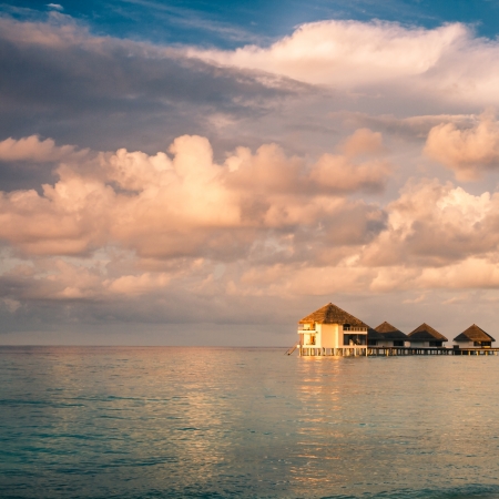 Sunset on Maldives island, water villas resortのeditorial素材