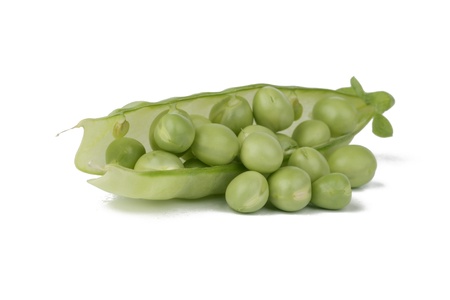 Ripe pea vegetable with green leaf isolated on white backgroundの写真素材