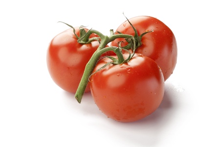 Fresh red tomato with green stem on white backgroundの写真素材