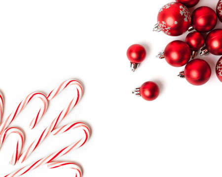 Christmas Decoration. Red Balls And Bells. Natural Linen Background.の写真素材