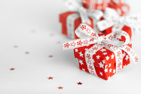 Christmas New Year Gift Boxes on white backgroundの写真素材