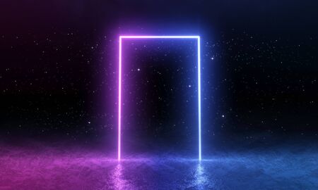 3d render, blue pink neon door, empty space, abstract backgroundの写真素材