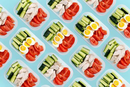 Healthy fitness food for the whole day. Multiple portions in containersの写真素材