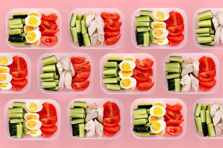 Healthy fitness food for the whole day. Multiple portions in containersの写真素材