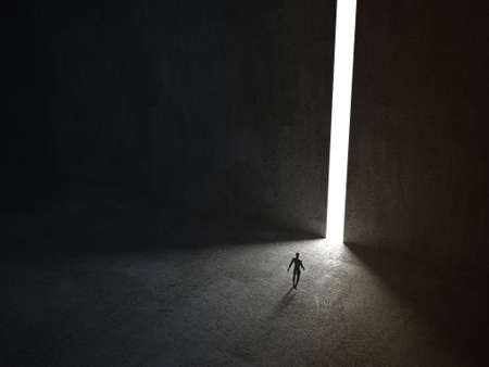 Man walking in a narrow light passage. 3D rendering.