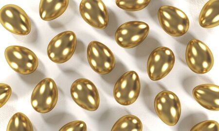 A lot of golden eggs lying on a white table. 3d renderingの写真素材