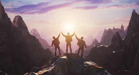 Silhouette of a team of three people celebrating victory against the backdrop of mountains and...