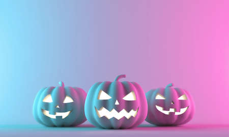 Halloween pumpkins on neon gradient background with space for text. 3D Renderingの写真素材