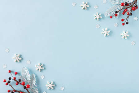 Rowan and snowflakes on pastel blue backgroundの写真素材
