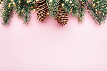 Christmas border with fir branches and conifer cones on pastel pink backgroundの写真素材