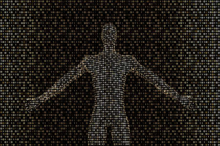 3d model of a digital person on the background of luminous ones and zeros. The concept of man in the era of technology. 3d renderingの写真素材