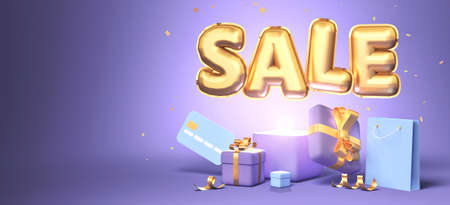 3d rendering of promotion sale with gifts, shopping bag and credit card on purple background. 3d renderingの写真素材