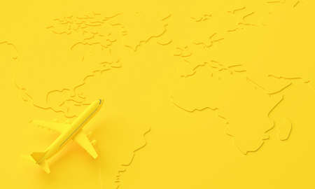 Yellow 3d plane on the background of the world map. 3d renderingの写真素材