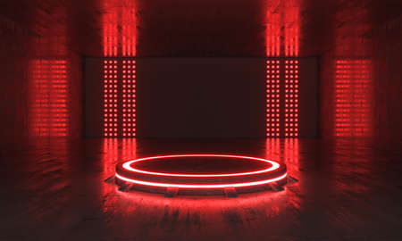 Futuristic Sci Fi Empty Red Stage neon. 3d renderingの写真素材