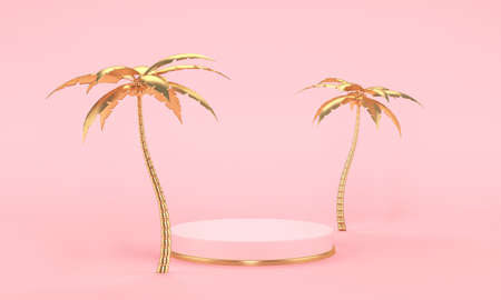 Pink stage podium with gold palms on pink background. 3d renderingの写真素材