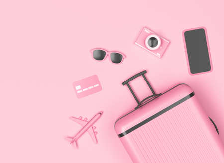 Pink baggage with smartphone, camera, sun glasses and copy space on pastel pink background. 3d rendering.の写真素材